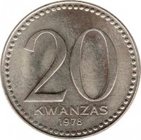 Angola coin 20 Kwanzas (1978) reverse reverse of 20 Kwanzas (1978) coin with KM# 87 from Angola. Inscription: 20 KWANZAS 1978