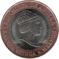 Angola coin 20 Kwanzas - Queen Rainha Njinga (2014) obverse obverse of 20 Kwanzas - Queen Rainha Njinga (2014) coin with KM# 106 from Angola. Inscription: REPUBLICA DE ANGOLA 1582 1663 RAINHA NJINGA A MBANGE