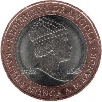 obverse of 20 Kwanzas - Queen Rainha Njinga (2014) coin with KM# 106 from Angola. Inscription: REPUBLICA DE ANGOLA 1582 1663 RAINHA NJINGA A MBANGE