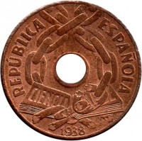 obverse of 25 Centimos (1938) coin with KM# 757 from Spain. Inscription: REPUBLICA ESPAÑOLA CIENCIA ARTE 1938