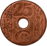 reverse of 25 Centimos (1938) coin with KM# 757 from Spain. Inscription: 25 Cts