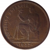 obverse of 50 Centimos (1937) coin with KM# 754 from Spain. Inscription: REPUBLICA ESPAÑOLA *1937*