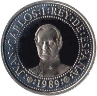 obverse of 500 Pesetas - Juan Carlos I - 500th Anniversary of Discovery of America (1989) coin with KM# 836 from Spain. Inscription: JUAN:CARLOS:I:REY:DE:ESPAÑA: :1989: