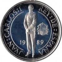 obverse of 1000 Pesetas - Juan Carlos I - 500th Anniversary of Discovery of America (1989) coin with KM# 837 from Spain. Inscription: JVAN:CARLOS:I REY:DE:ESPAÑA 19 89