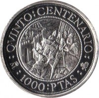 reverse of 1000 Pesetas - Juan Carlos I - 500th Anniversary of Discovery of America (1989) coin with KM# 837 from Spain. Inscription: :QUINTO:CENTENARIO: :1000:PTAS: