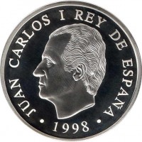 Spain coin 1000 Pesetas - Juan Carlos I - Lisbon Expo, 1998 (1998) obverse obverse of 1000 Pesetas - Juan Carlos I - Lisbon Expo, 1998 (1998) coin with KM# 1000 from Spain. Inscription: JUAN CARLOS I REY DE ESPAÑA · 1998 ·