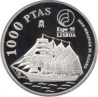 Spain coin 1000 Pesetas - Juan Carlos I - Lisbon Expo, 1998 (1998) reverse reverse of 1000 Pesetas - Juan Carlos I - Lisbon Expo, 1998 (1998) coin with KM# 1000 from Spain. Inscription: 1000 PTAS JUAN SEBASTIÁN DE ELCANO EXPO · 98 LISBOA