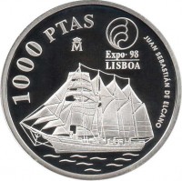 reverse of 1000 Pesetas - Juan Carlos I - Lisbon Expo, 1998 (1998) coin with KM# 1000 from Spain. Inscription: 1000 PTAS JUAN SEBASTIÁN DE ELCANO EXPO · 98 LISBOA