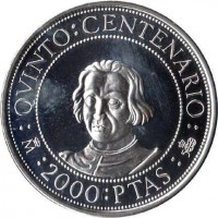 reverse of 2000 Pesetas - Juan Carlos I - 500th Anniversary of Discovery of America (1989) coin with KM# 838 from Spain. Inscription: :QVINTO:CENTENARIO: :2000:PTAS: