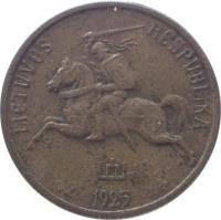 obverse of 5 Centai (1925) coin with KM# 72 from Lithuania. Inscription: LIETUVOS RESPUBLIKA 1925