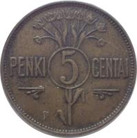 reverse of 5 Centai (1925) coin with KM# 72 from Lithuania. Inscription: PENKI 5 CENTAI