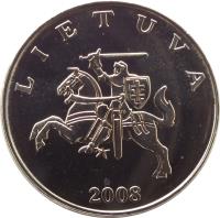 obverse of 1 Litas (1998 - 2014) coin with KM# 111 from Lithuania. Inscription: LIETUVA 2008