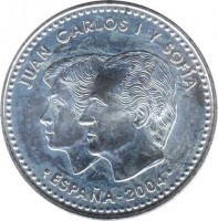 obverse of 12 Euro - Juan Carlos I - 500th Anniversary of Death of Isabel I Le Castilla (2004) coin with KM# 1095 from Spain. Inscription: JUAN CARLOS I Y SOFIA · ESPAÑA-2004 ·
