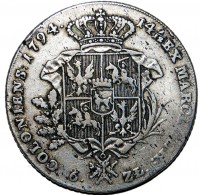 Polish–Lithuanian Commonwealth coin 6 Złotych - Stanisław II August (1794 - 1975) reverse reverse of 6 Złotych - Stanisław II August (1794 - 1975) coin with KM# 216 from Polish–Lithuanian Commonwealth. Inscription: 14 1/12 EX MARCA PUR COLONIENS: 1794 6 ZŁ