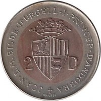 obverse of 2 Diners - Joan Martí i Alanis - Wildlife: Red Squirrel (1984) coin with KM# 20 from Andorra. Inscription: JOAN.D.M.BISBE.D'URGELL.I.PRINCEP.D'ANDORRA + 2 D