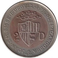 Andorra coin 2 Diners - Joan Martí i Alanis - Wildlife: Red Squirrel (1984) obverse obverse of 2 Diners - Joan Martí i Alanis - Wildlife: Red Squirrel (1984) coin with KM# 20 from Andorra. Inscription: JOAN.D.M.BISBE.D'URGELL.I.PRINCEP.D'ANDORRA + 2 D