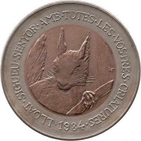 reverse of 2 Diners - Joan Martí i Alanis - Wildlife: Red Squirrel (1984) coin with KM# 20 from Andorra. Inscription: LLOAT.SIGUEU.SENIOR.AMB.TOTES.LES.VOSTRES.CRIATURES 1984