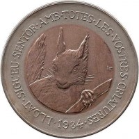 Andorra coin 2 Diners - Joan Martí i Alanis - Wildlife: Red Squirrel (1984) reverse reverse of 2 Diners - Joan Martí i Alanis - Wildlife: Red Squirrel (1984) coin with KM# 20 from Andorra. Inscription: LLOAT.SIGUEU.SENIOR.AMB.TOTES.LES.VOSTRES.CRIATURES 1984