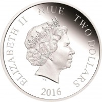 obverse of 2 Dollars - Elizabeth II - Star Wars Classic: Han Solo (2016) coin from Niue. Inscription: ELIZABETH II NIUE TWO DOLLARS IRB 2016