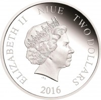 Niue coin 2 Dollars - Elizabeth II - Star Wars Classic: Han Solo (2016) obverse obverse of 2 Dollars - Elizabeth II - Star Wars Classic: Han Solo (2016) coin from Niue. Inscription: ELIZABETH II NIUE TWO DOLLARS IRB 2016