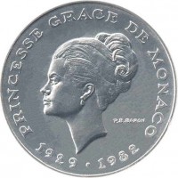 obverse of 10 Francs - Rainier III - Princess Grace (1982) coin with KM# E73 from Monaco. Inscription: PINCESSE GRACE DE MONACO 1929.1982