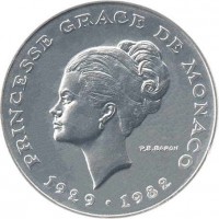 Monaco coin 10 Francs - Rainier III - Princess Grace (1982) obverse obverse of 10 Francs - Rainier III - Princess Grace (1982) coin with KM# E73 from Monaco. Inscription: PINCESSE GRACE DE MONACO 1929.1982