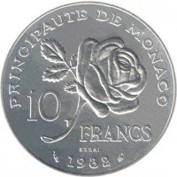 Monaco coin 10 Francs - Rainier III - Princess Grace (1982) reverse reverse of 10 Francs - Rainier III - Princess Grace (1982) coin with KM# E73 from Monaco. Inscription: PRINCIPAUTE DE MONACO 10 FRANCS ESSAI 1982