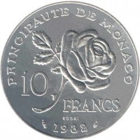 reverse of 10 Francs - Rainier III - Princess Grace (1982) coin with KM# E73 from Monaco. Inscription: PRINCIPAUTE DE MONACO 10 FRANCS ESSAI 1982