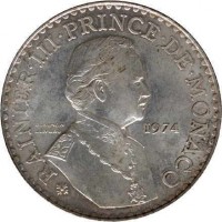 Monaco coin 50 Francs - Rainier III - 25th Anniversary of Reign (1974) obverse obverse of 50 Francs - Rainier III - 25th Anniversary of Reign (1974) coin with KM# 152.1 from Monaco. Inscription: * RAINIER · III · PRINCE · DE · MONACO G.SIMON J.J.TURC 1974