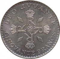 reverse of 50 Francs - Rainier III - 25th Anniversary of Reign (1974) coin with KM# 152.1 from Monaco. Inscription: - DEO JVVANTE - CINQVANTE FRANCS