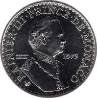 obverse of 50 Francs - Rainier III - 25th Anniversary of Reign (1975 - 1976) coin with KM# 152.2 from Monaco. Inscription: * RAINIER · III · PRINCE · DE · MONACO G.SIMON J.J.TURC 1974