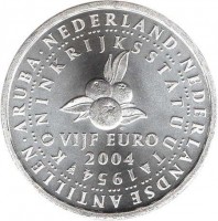 reverse of 5 Euro - Beatrix - 50th Anniversary of the Independence of the Netherlands Antilles (2004) coin with KM# 253 from Netherlands. Inscription: NEDERLAND · NEDERLANDSE ANTILLEN · ARUBA · KONINK RIJKS STATUUTA 1954 VIJF EURO 2004