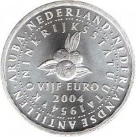 Netherlands coin 5 Euro - Beatrix - 50th Anniversary of the Independence of the Netherlands Antilles (2004) reverse reverse of 5 Euro - Beatrix - 50th Anniversary of the Independence of the Netherlands Antilles (2004) coin with KM# 253 from Netherlands. Inscription: NEDERLAND · NEDERLANDSE ANTILLEN · ARUBA · KONINK RIJKS STATUUTA 1954 VIJF EURO 2004