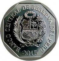 Peru coin 1 Nuevo Sol - Wealth and Pride of Peru: Vicus Ceramic (2015) obverse obverse of 1 Nuevo Sol - Wealth and Pride of Peru: Vicus Ceramic (2015) coin with KM# 394 from Peru. Inscription: BANCO CENTRAL DE RESERVA DEL PERÚ 2015