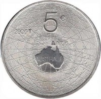 reverse of 5 Euro - Beatrix - 400 Years of Dutch-Australian relations (2006) coin with KM# 255 from Netherlands. Inscription: 5 € 2006 1606 AUSTRALIE BI
