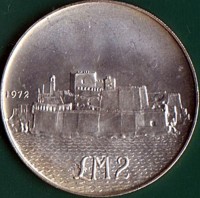 reverse of 2 Pounds - Elizabeth II - Fort St. Angelo (1972) coin with KM# 14 from Malta. Inscription: 1972 £M2