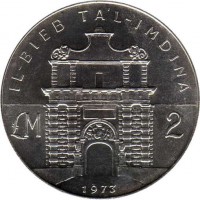 Malta coin 2 Liri - The Mdina Gate (1973) reverse reverse of 2 Liri - The Mdina Gate (1973) coin with KM# 20 from Malta. Inscription: IL-BIEB TA'L-IMDINA £M 2 1973