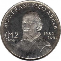 Malta coin 2 Liri - Giovanni Francesco Abela (1974) reverse reverse of 2 Liri - Giovanni Francesco Abela (1974) coin with KM# 24 from Malta. Inscription: GIOV.FRANCESCO ABELA £M2 1974 1582 1655