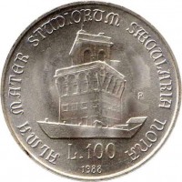 reverse of 100 Lire - 900th Anniversary of the University of Bolonga (1988) coin with KM# 127 from Italy. Inscription: ALMA MATER STUDIORUM SAECULARIA NONA L 100 1988