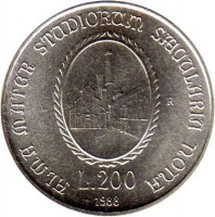 Italy coin 200 Lire - 900th Anniversary of the University of Bolonga (1988) reverse reverse of 200 Lire - 900th Anniversary of the University of Bolonga (1988) coin with KM# 128 from Italy. Inscription: ALMA MATER STUDIORUM SAECULARIA NONA L.200 1988