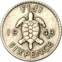 Fiji coin 6 Pence - George VI (1942 - 1943) reverse reverse of 6 Pence - George VI (1942 - 1943) coin with KM# 11a from Fiji. Inscription: FIJI 19 43 S SIXPENCE