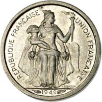 obverse of 50 Centimes (1949) coin with KM# 1 from New Caledonia. Inscription: REPUBLIQUE FRANÇAISE UNION FRANÇAISE G.B.BAZOR 1949