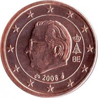 obverse of 1 Euro Cent - Albert II - 2'nd Type; 2'nd Portrait (2008) coin with KM# 274 from Belgium. Inscription: A II BE 2008