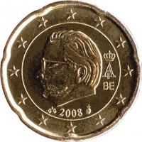 Belgium coin 20 Euro Cent - Albert II - 2'nd Map; 2'nd Type; 2'nd Portrait (2008) obverse obverse of 20 Euro Cent - Albert II - 2'nd Map; 2'nd Type; 2'nd Portrait (2008) coin with KM# 278 from Belgium. Inscription: A II BE 2008