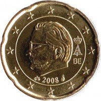 obverse of 20 Euro Cent - Albert II - 2'nd Map; 2'nd Type; 2'nd Portrait (2008) coin with KM# 278 from Belgium. Inscription: A II BE 2008