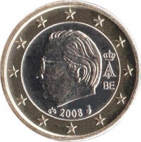 obverse of 1 Euro - Albert II - 2'nd Map; 2'nd Type; 2'nd Portrait (2008) coin with KM# 280 from Belgium. Inscription: A II BE 2008