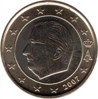 obverse of 1 Euro - Albert II - 2'nd Map; 1'nd Type; 1'nd Portrait (2007) coin with KM# 245 from Belgium. Inscription: A II 2007