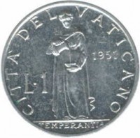 reverse of 1 Lira - Pius XII (1951 - 1958) coin with KM# 49 from Vatican City. Inscription: CITTA' DEL VATICANO 1951 L · 1 TEMPERANTIA