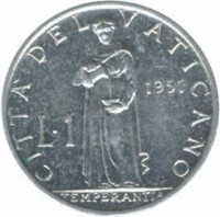Vatican City coin 1 Lira - Pius XII (1951 - 1958) reverse reverse of 1 Lira - Pius XII (1951 - 1958) coin with KM# 49 from Vatican City. Inscription: CITTA' DEL VATICANO 1951 L · 1 TEMPERANTIA