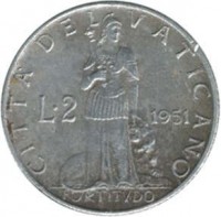 reverse of 2 Lire - Pius XII (1951 - 1958) coin with KM# 50 from Vatican City. Inscription: CITTA' DEL VATICANO L · 2 1951 FORTITVDO